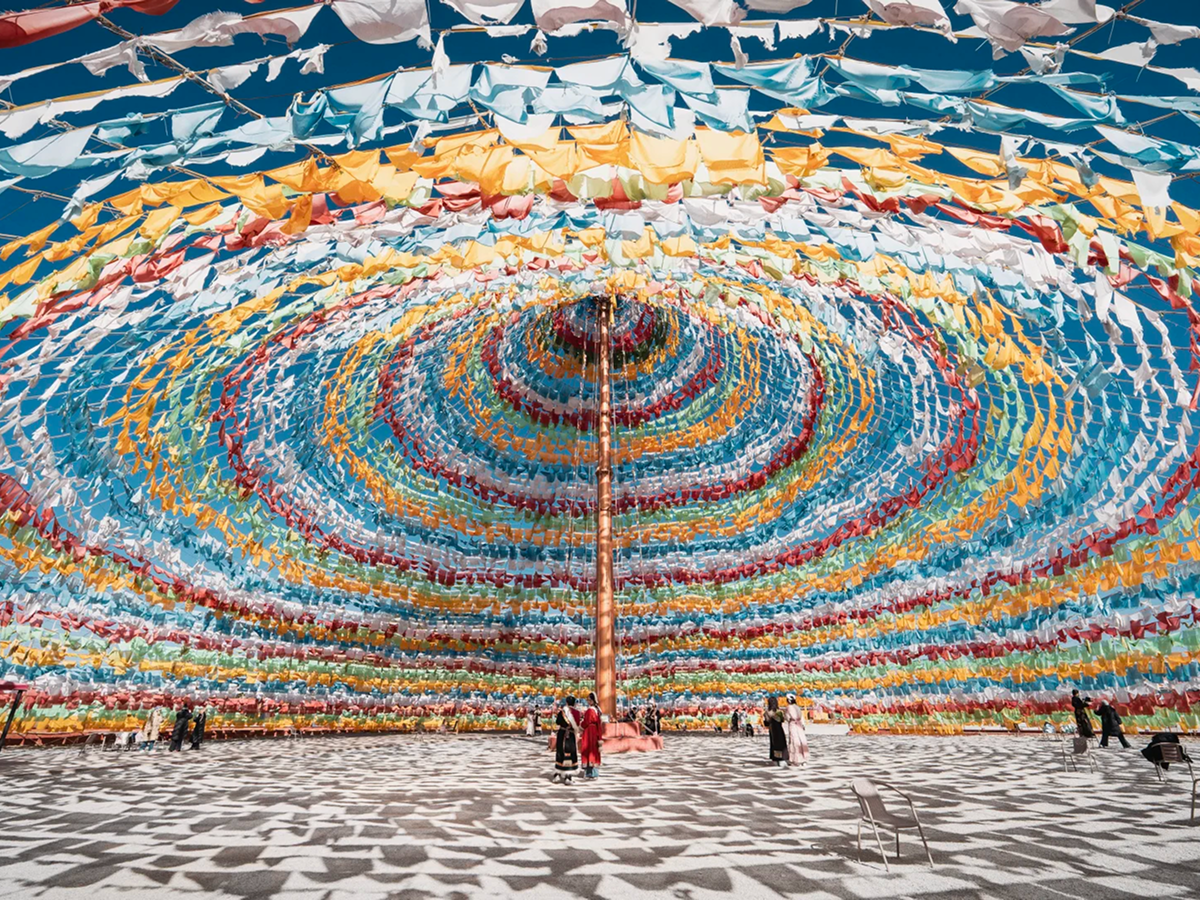 Tibetan prayer flags in a square