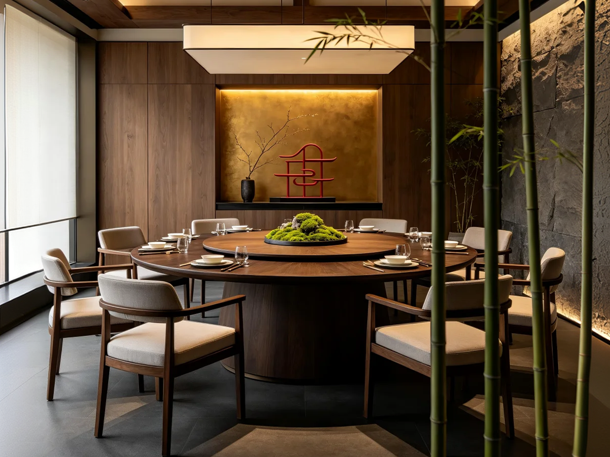 Chinese restaurant private room with a round table and bamboo decor