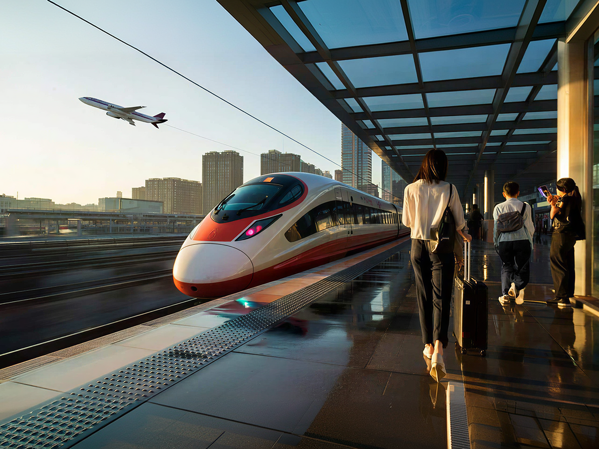 Fuxing high-speed train at a station platform with travellers