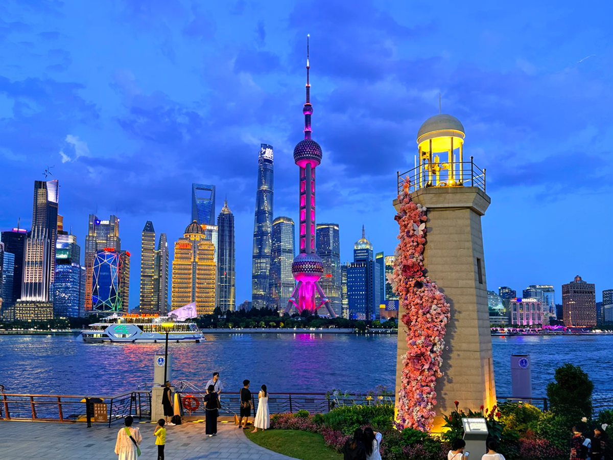 Pudong skyline and Oriental Pearl Tower seen from the Bund at night