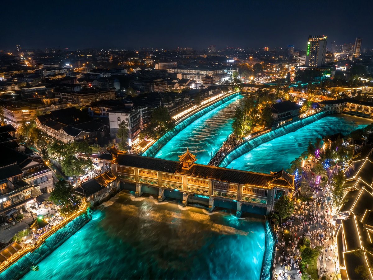 Aerial night view of Dujiangyan irrigation system and river
