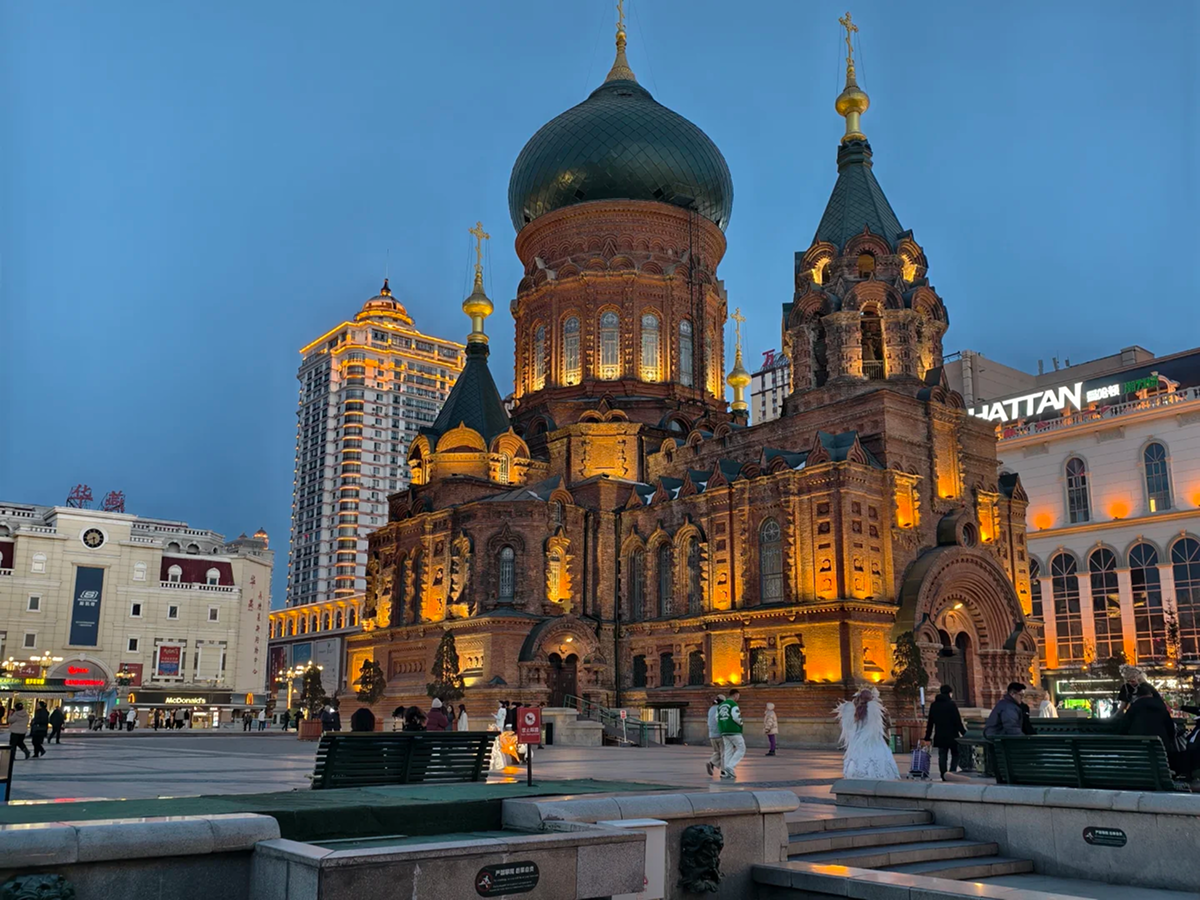 St Sophia Cathedral illuminated at night with onion domes
