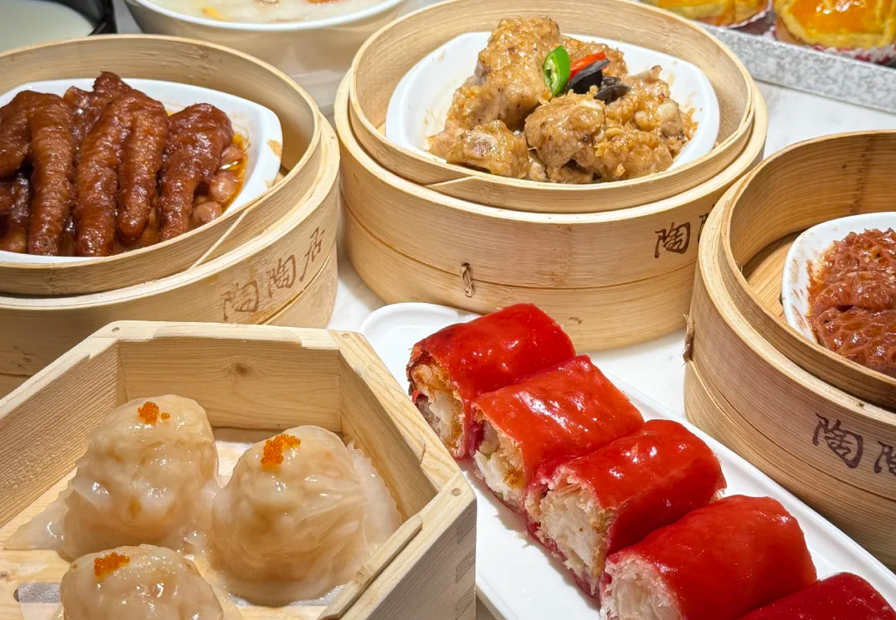 Dim sum dishes on a table
