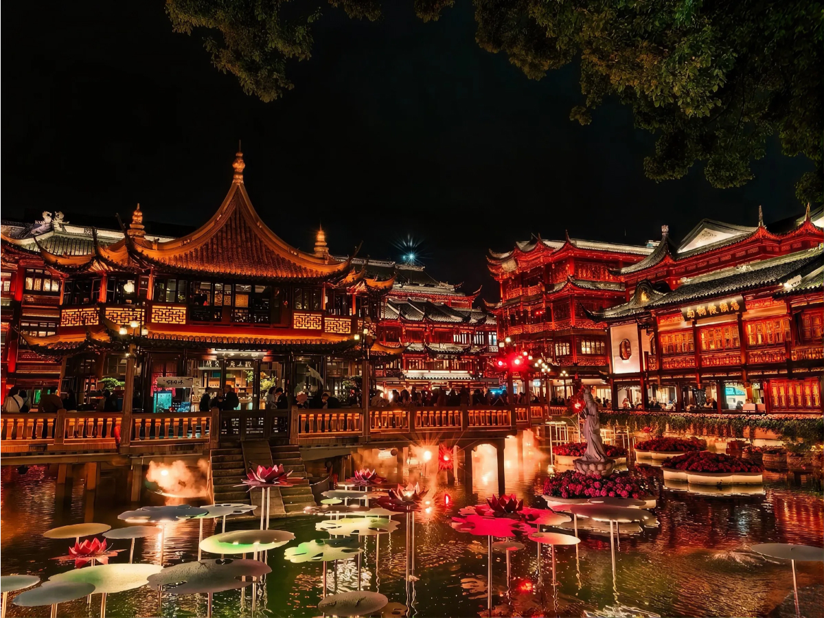 Yu Garden zigzag bridge lit at night in Shanghai